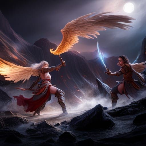 Angelic Battle: Sword Fight in Fantasy Art Style