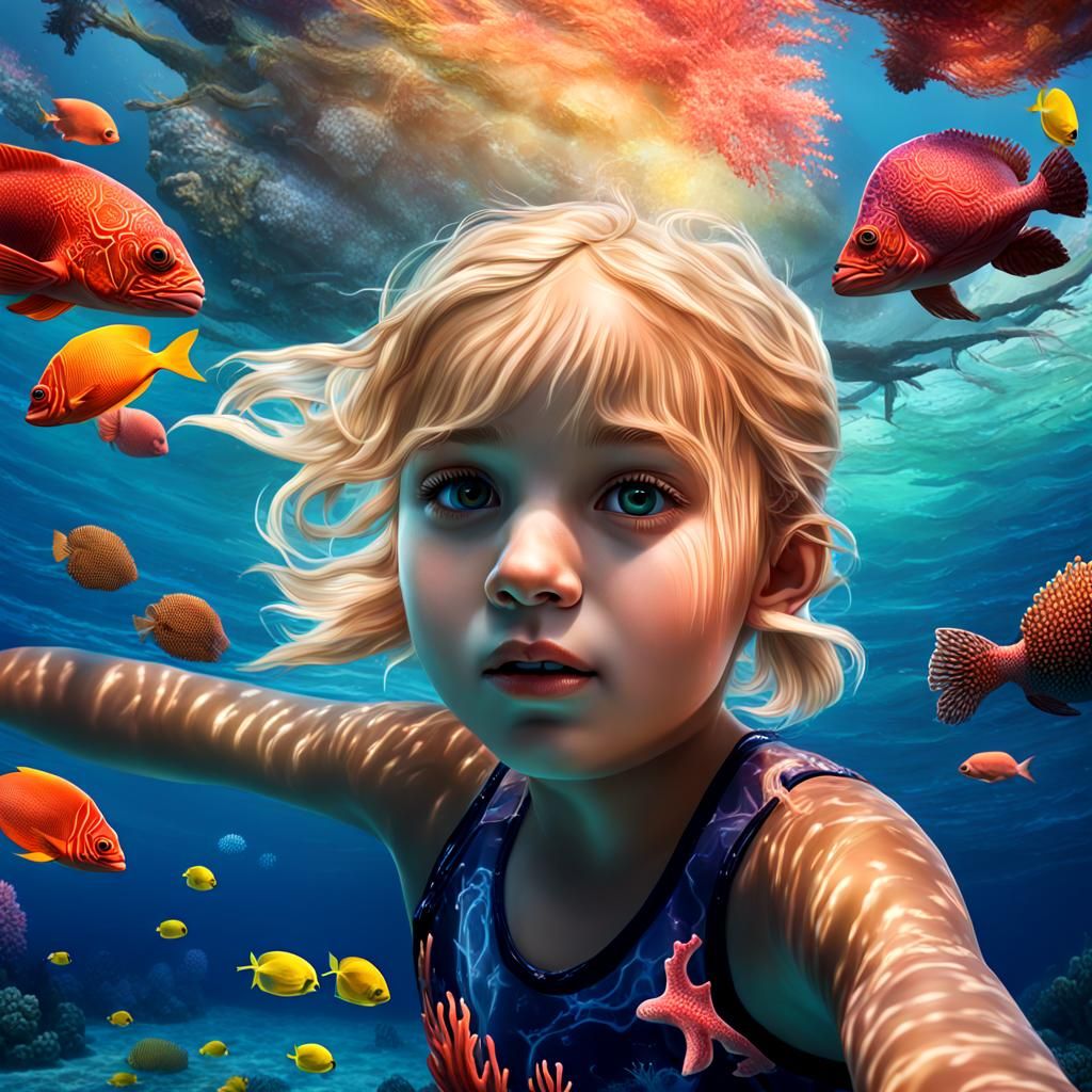 Girl Swimming in Coral Reef: Hyperrealistic Digital Art