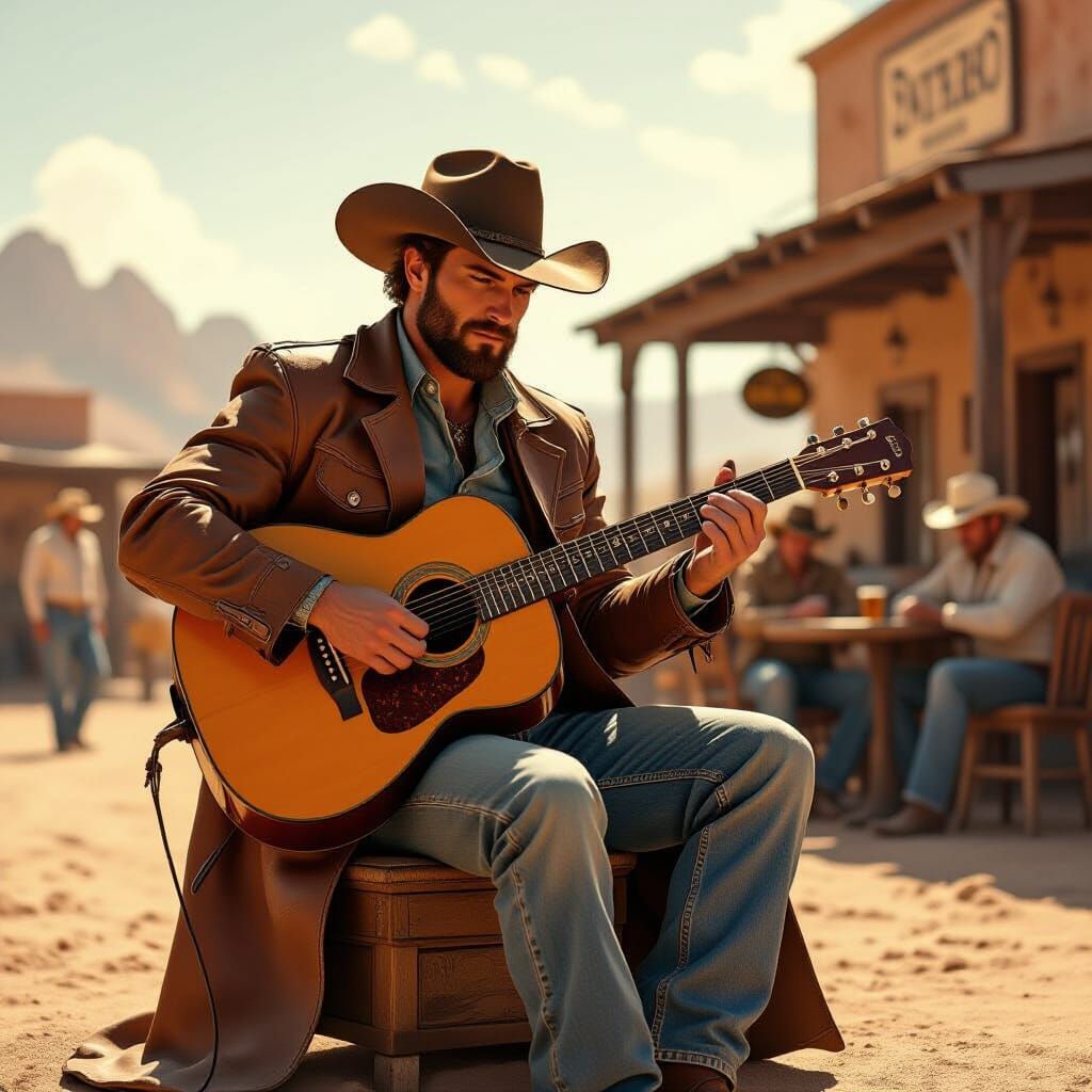 Cowboy Guitarist in Desert Saloon, Golden Light