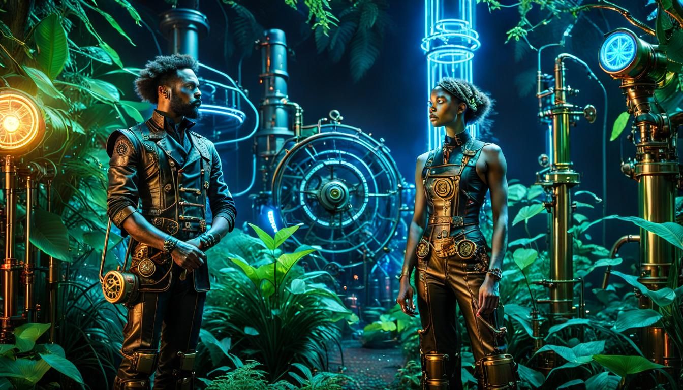 Adam and Eve in Steampunk Eden with Neon Lights