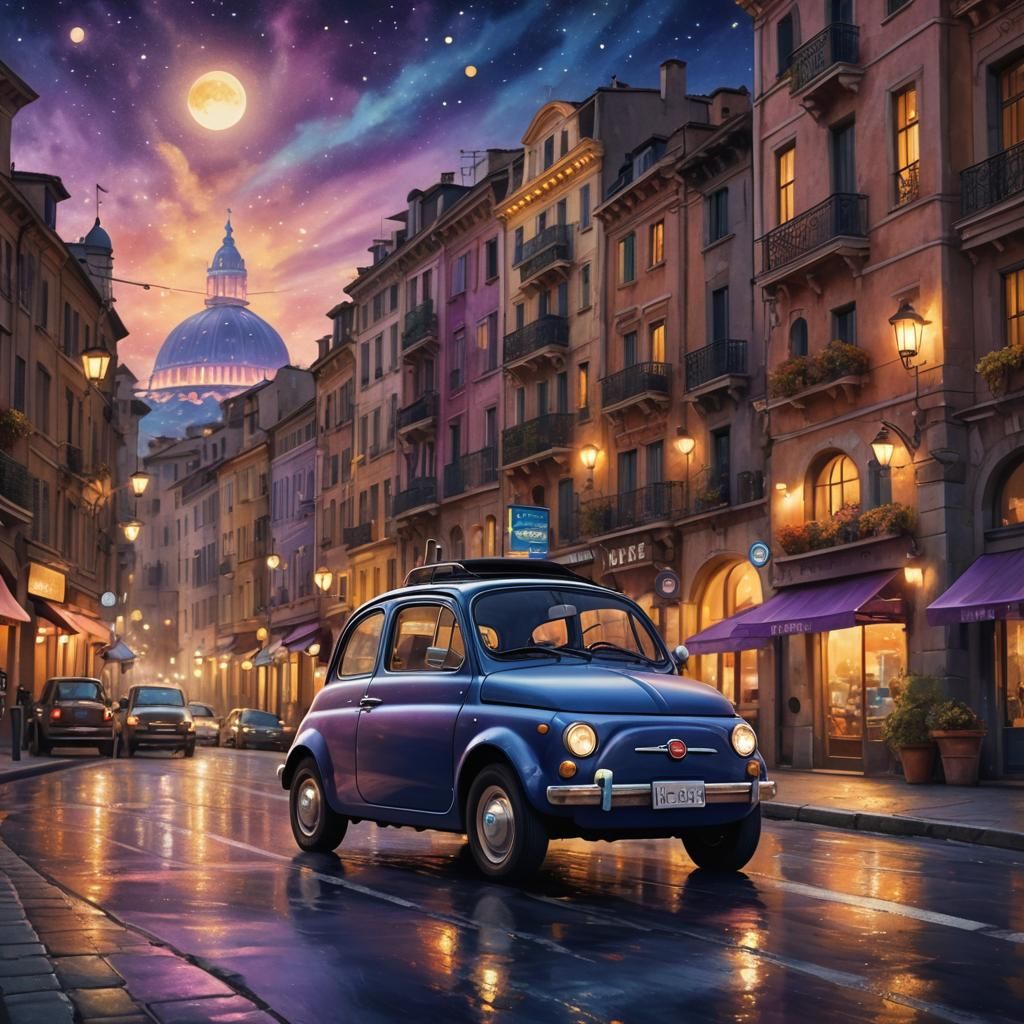 Fiat 500 in Dreamlike Cityscape, Matte Painting