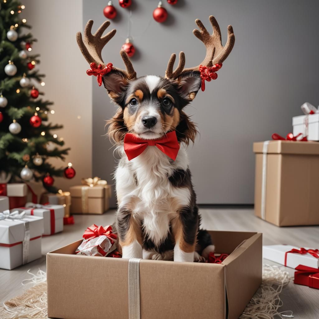 Cute Christmas Puppy in Gift Box Portrait