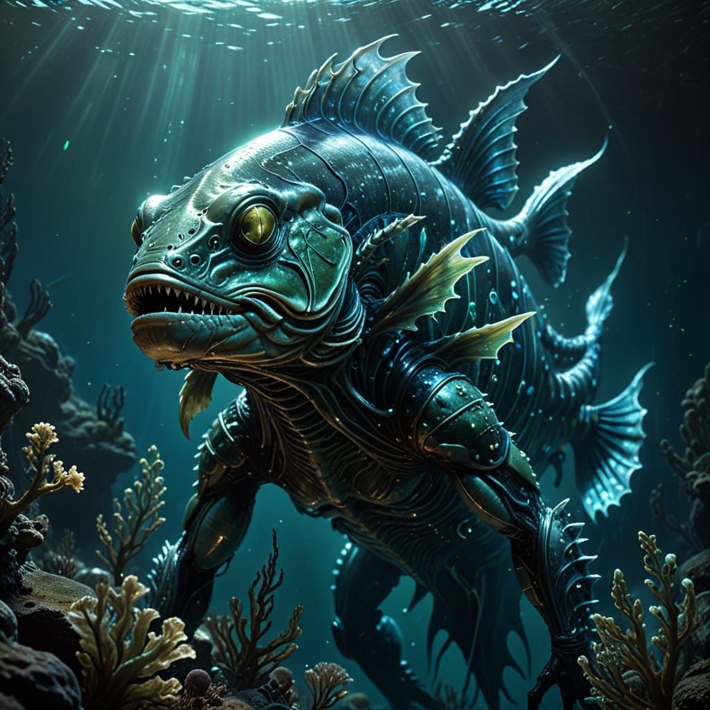 Alien Pike Fish Bodybuilder in Deep Sea