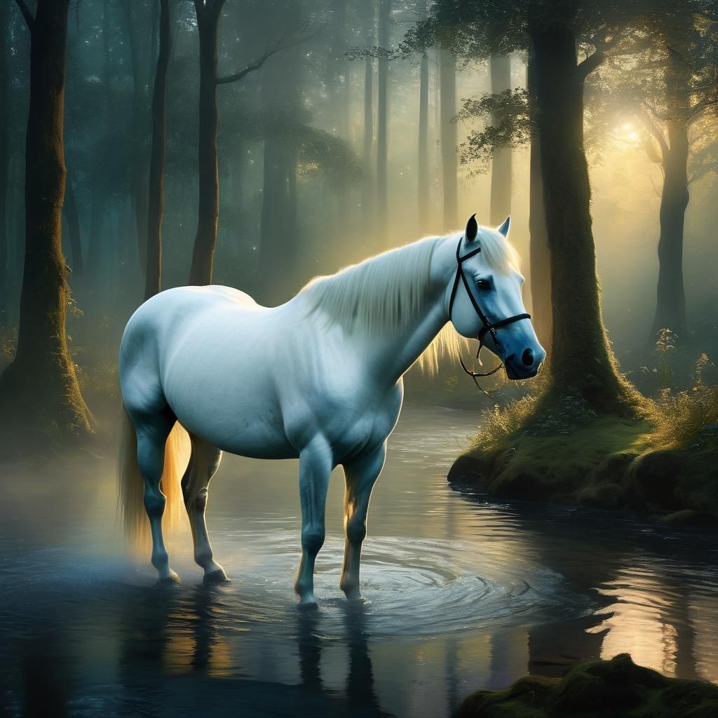 White Horse in Forest: French Art Nouveau Style