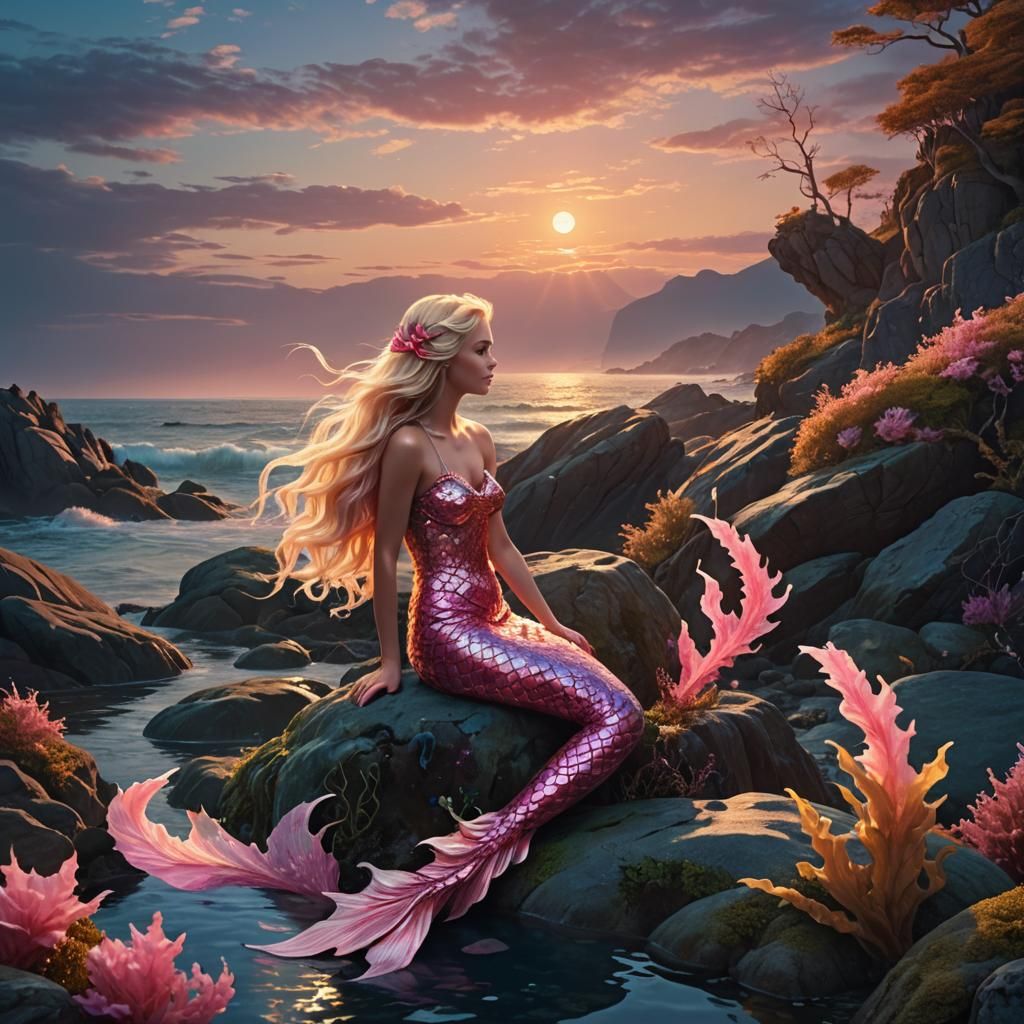 Mermaid with Glowing Tail in Sunset: Digital Matte Painting