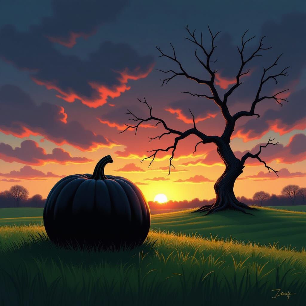 Dark Fantasy Pumpkin Silhouette Against Twilight Sky