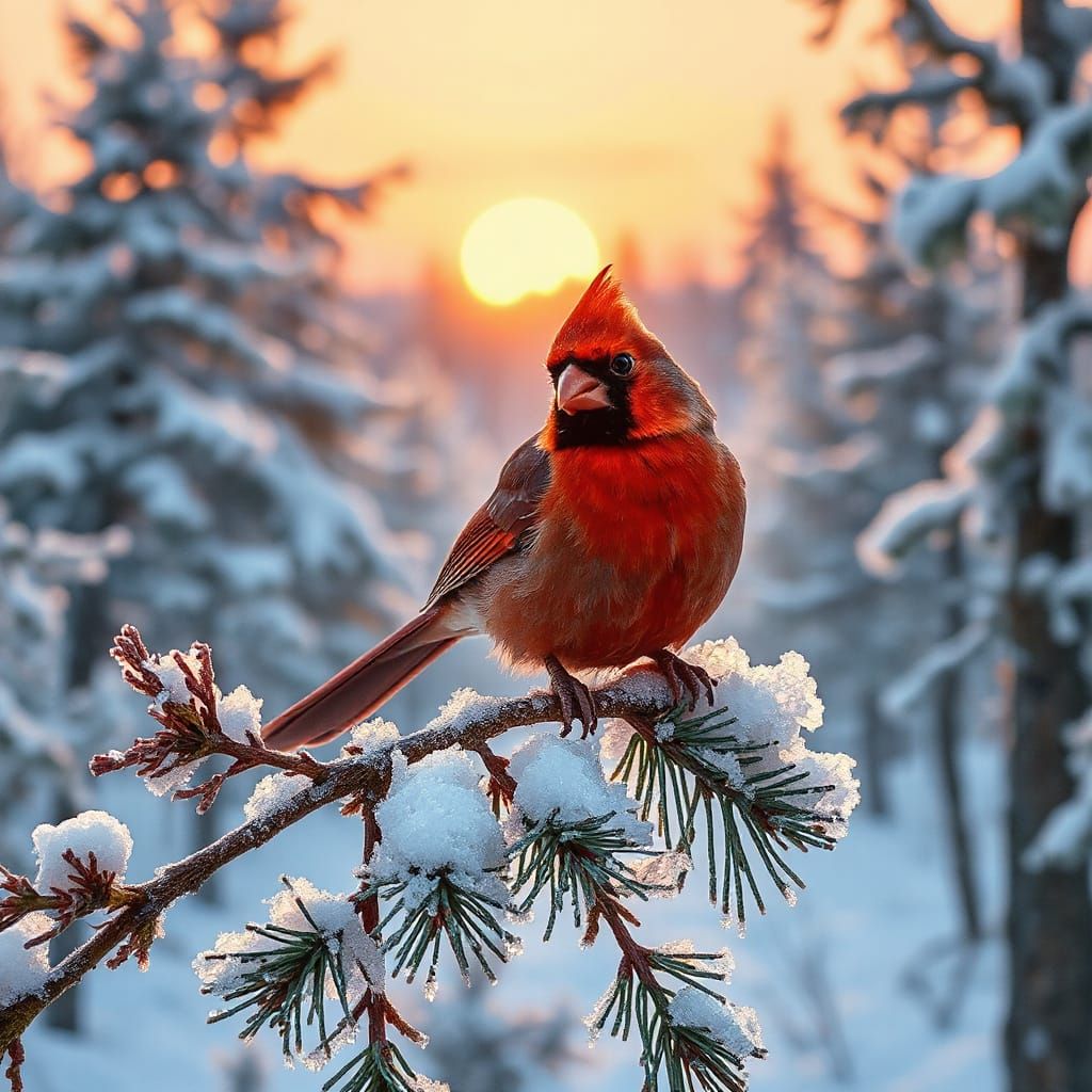 Cardinal at Winter Sunrise on Frosted Pine Branch