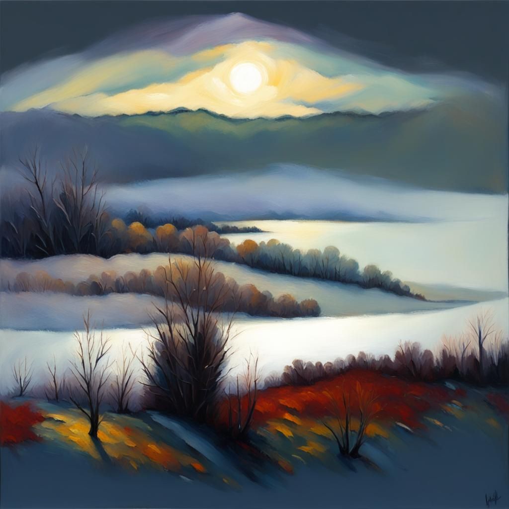 Winter waterscape neo-impressionism expressionist style oil ...