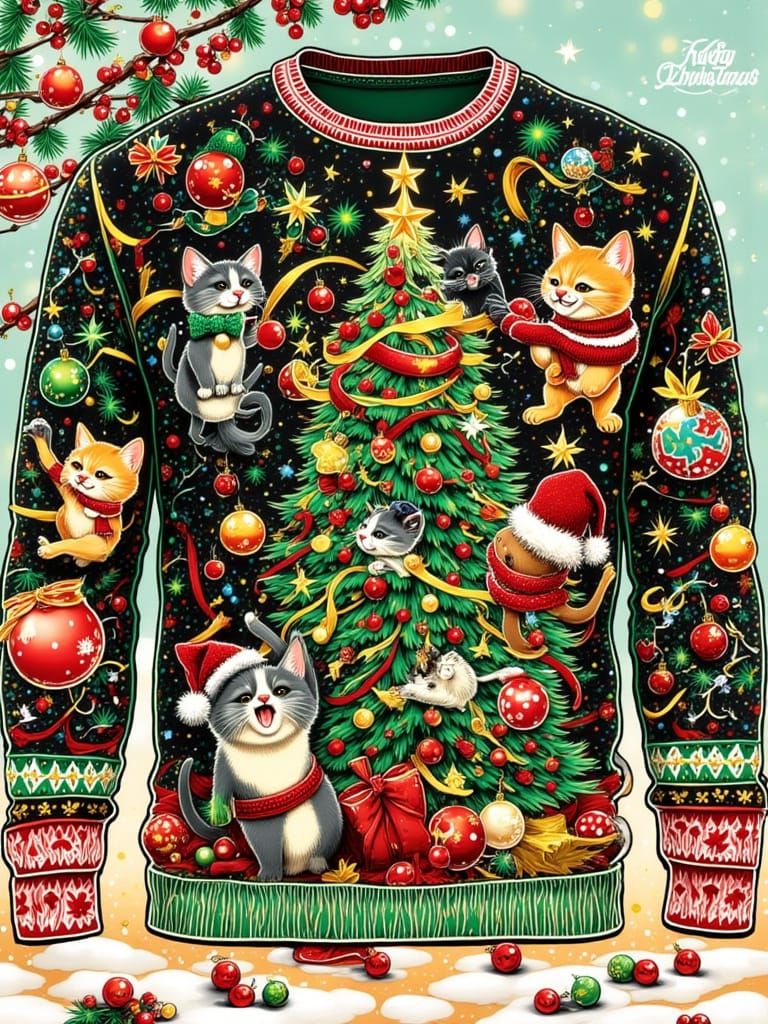 Ugly Christmas Sweater with Cats Knocking Over Tree