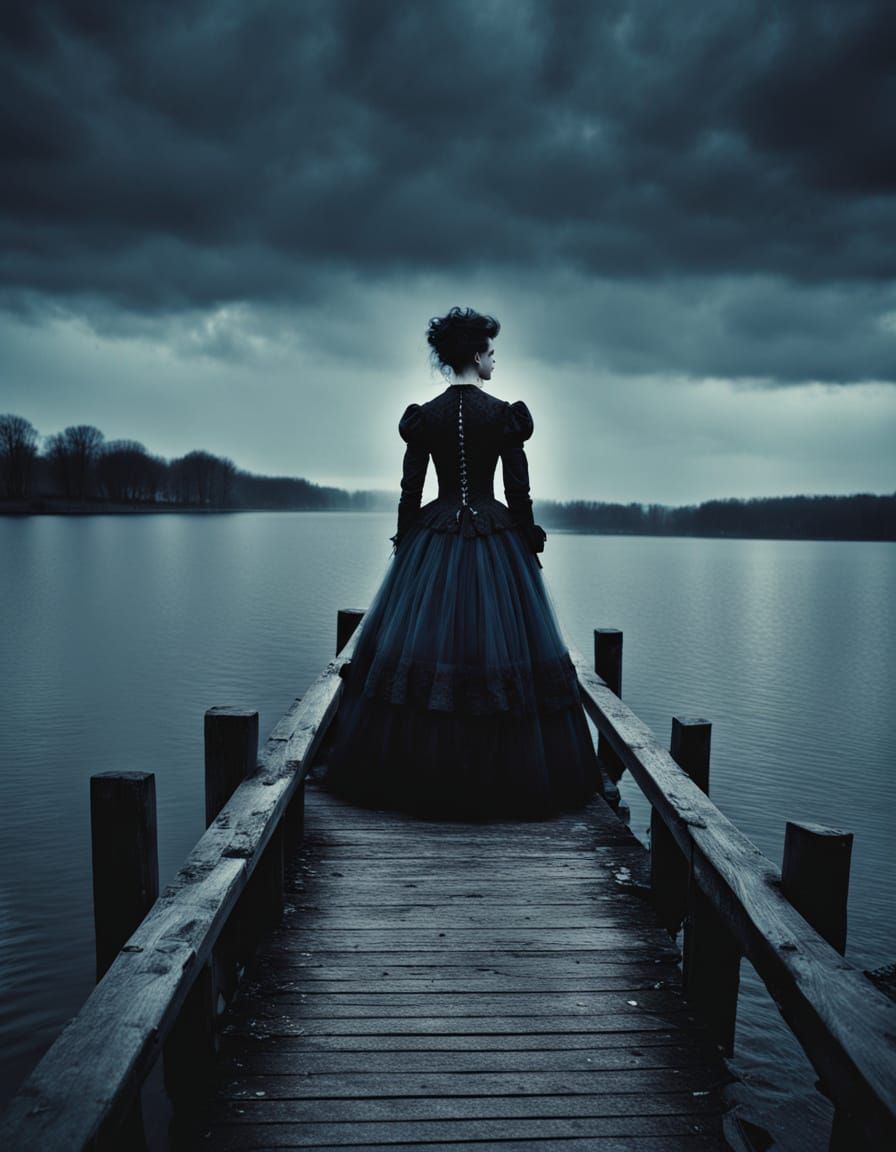 Gothic Woman on Pier in Moody, Cinematic Style