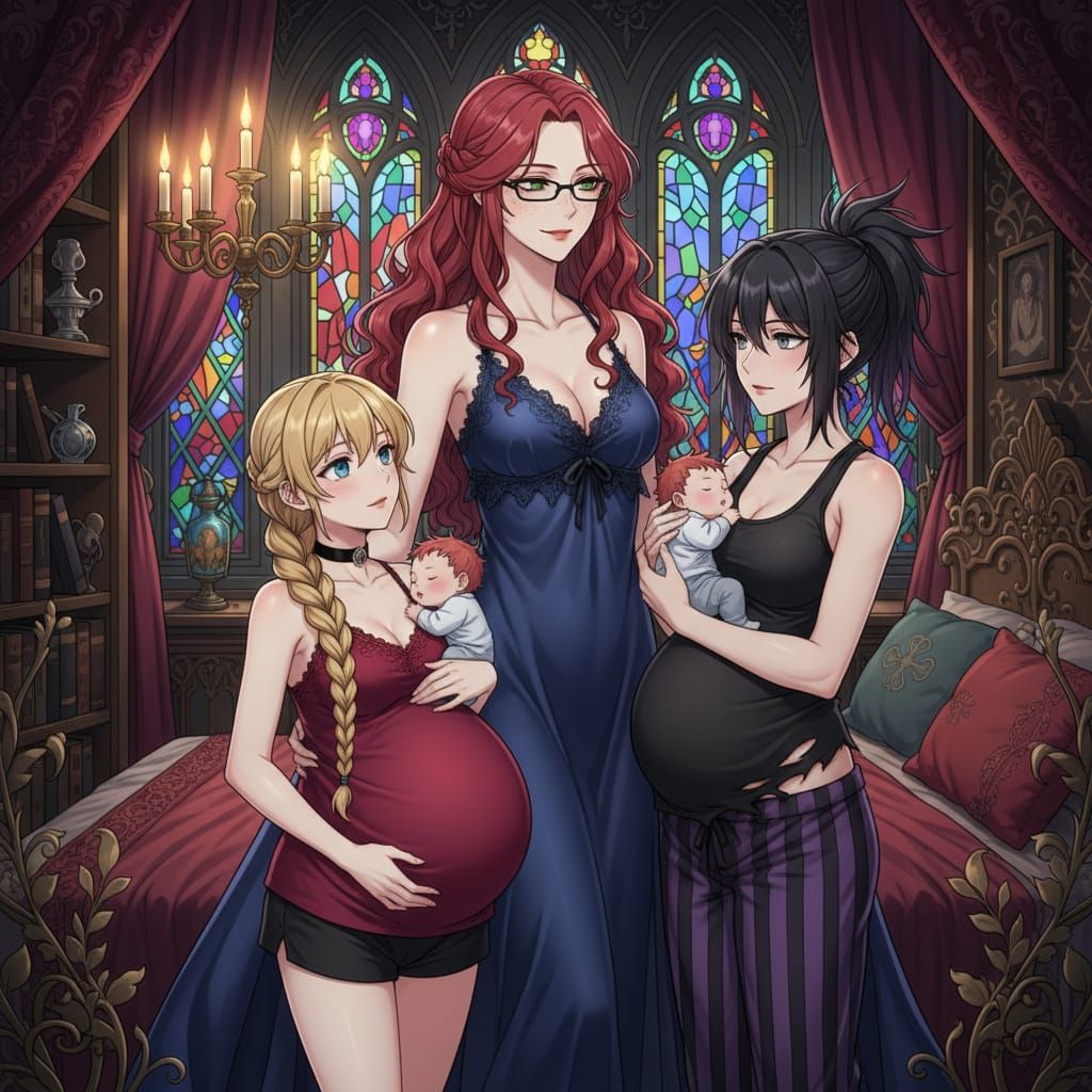 Elegant Gothic Anime Family Preparing for Bed