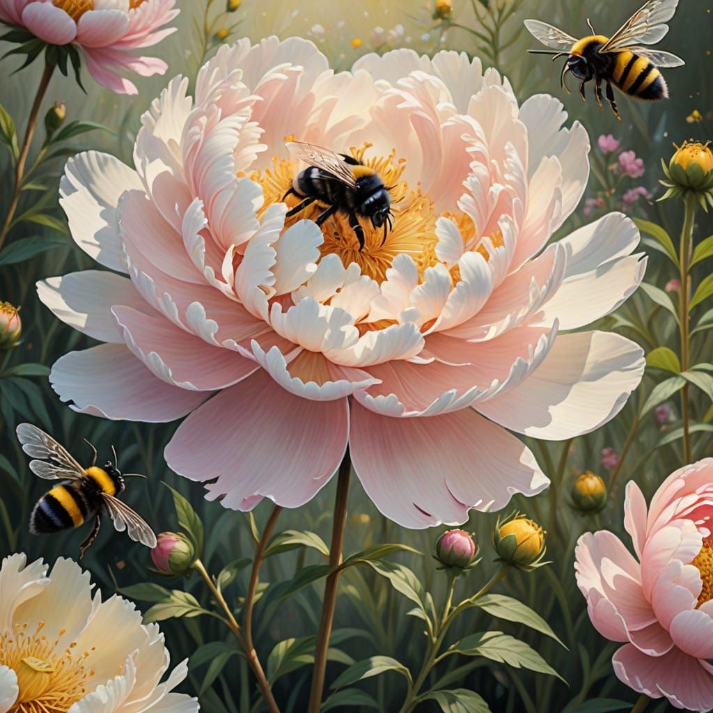 Soft Peony Blooms with Vibrant Bumblebee in Whimsical Impres...