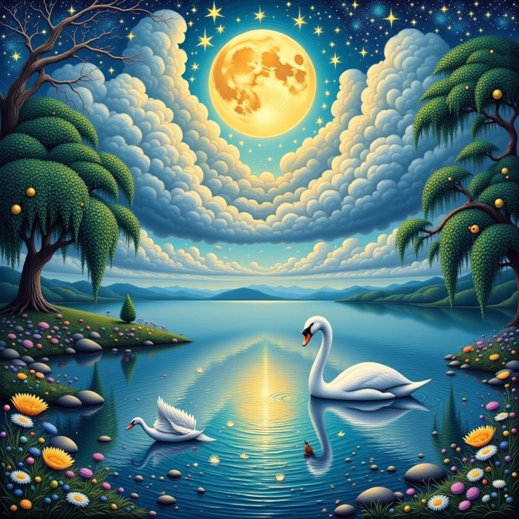 Serene Swan on Moonlit Lake: Whimsical Oil Painting