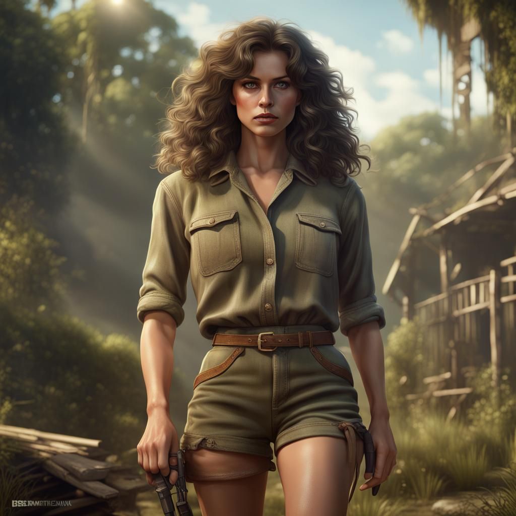 Brunette Country Girl in Khaki: Detailed Fantasy Art