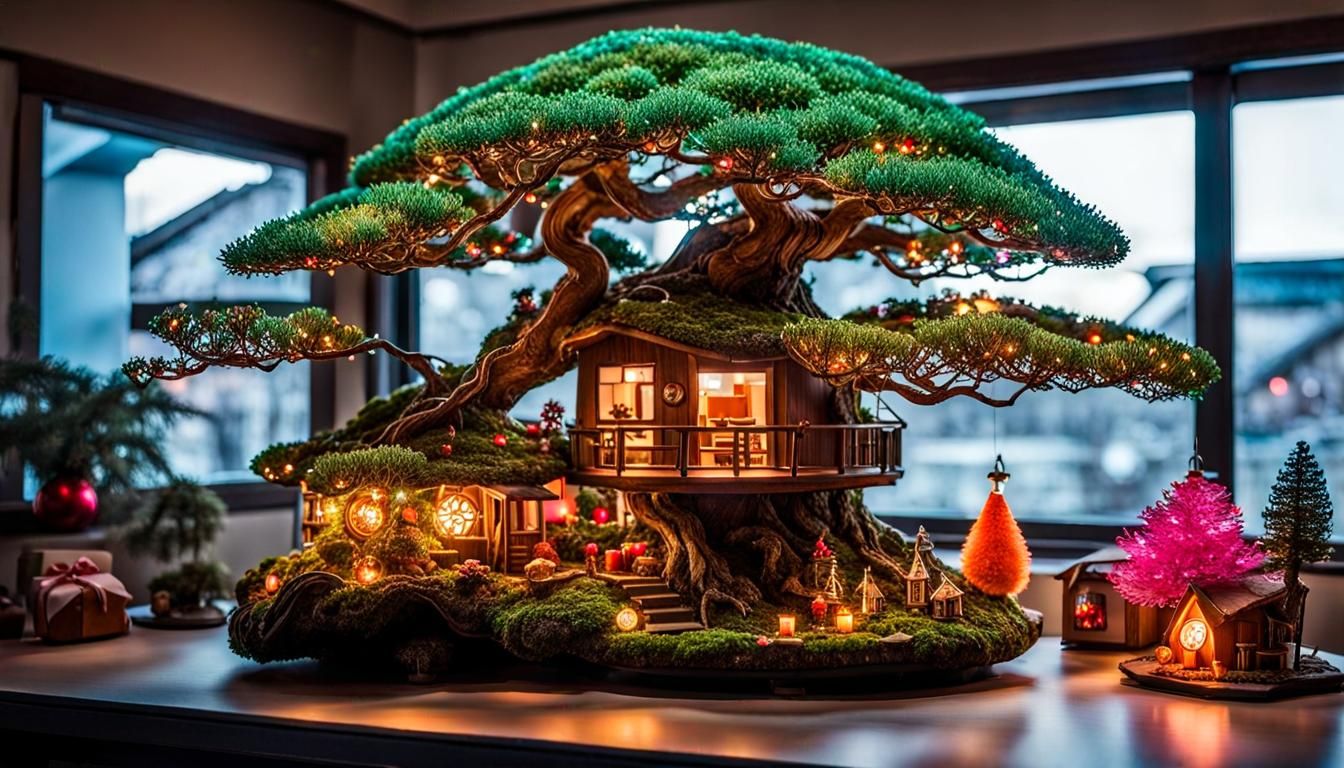 Christmas Bonsai Tree House in Hyperrealistic Style