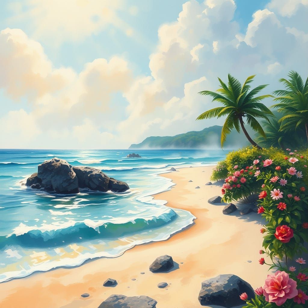 Fantasy Beach Scene in Mixed Media Style