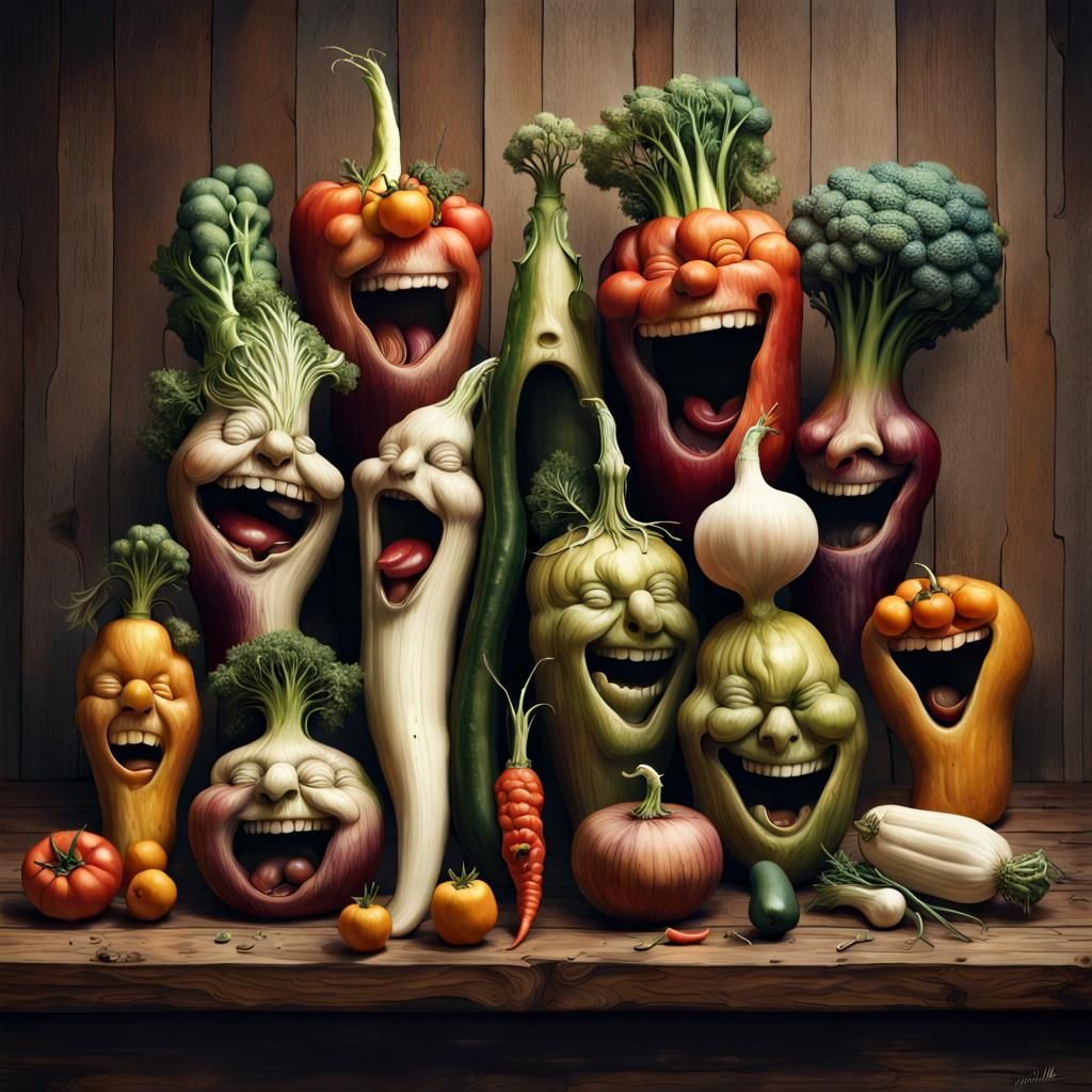Laughing Vegetables on Wooden Table: Hyperrealistic Renderin...
