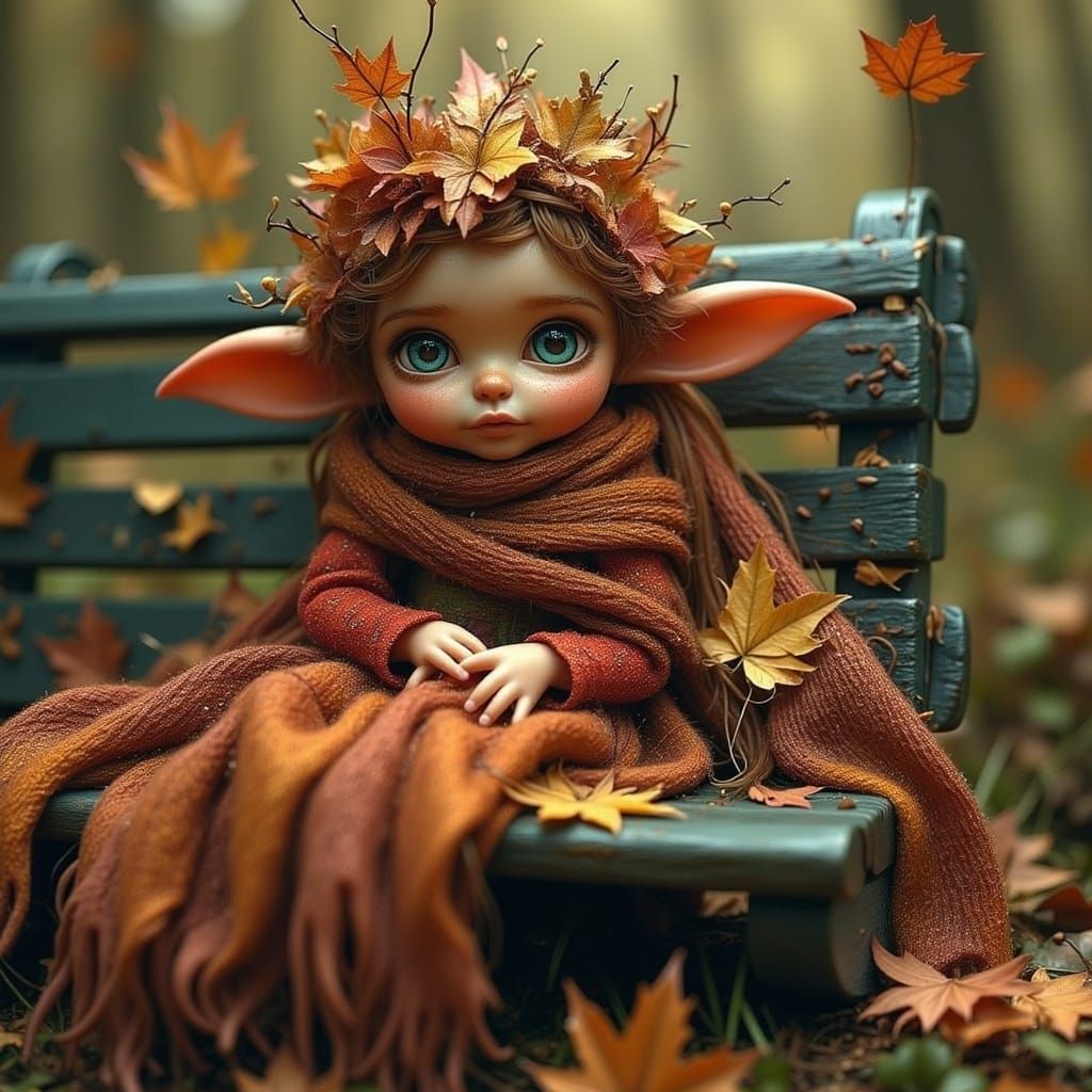 Fantasy Scarf on Park Bench with Autumn Leaves