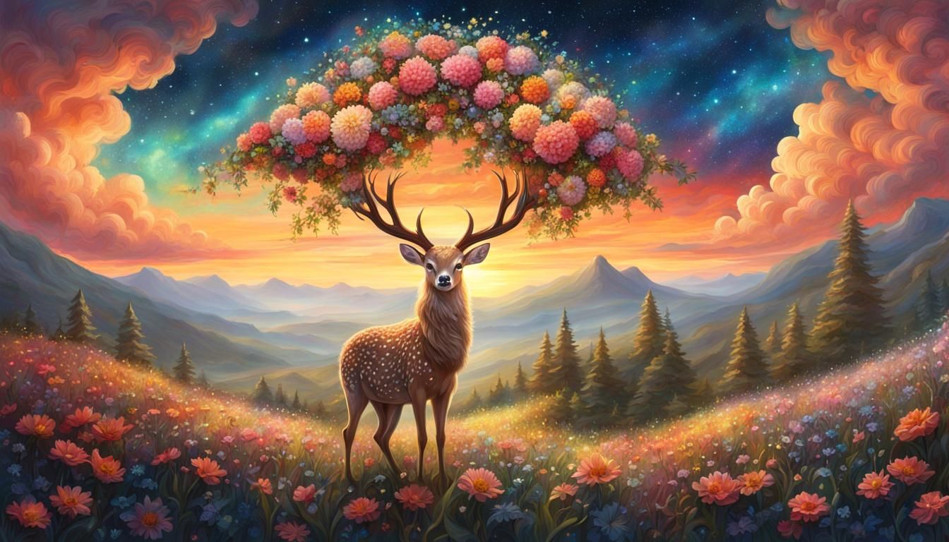 Fantasy Flower Fawn with Ornate Antlers at Sunset
