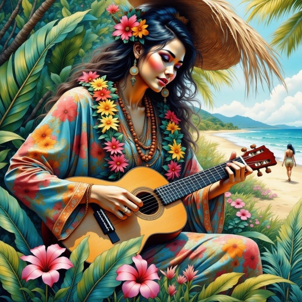 Vibrant Hawaiian Band Performs for Tourists in Colorful Flux...