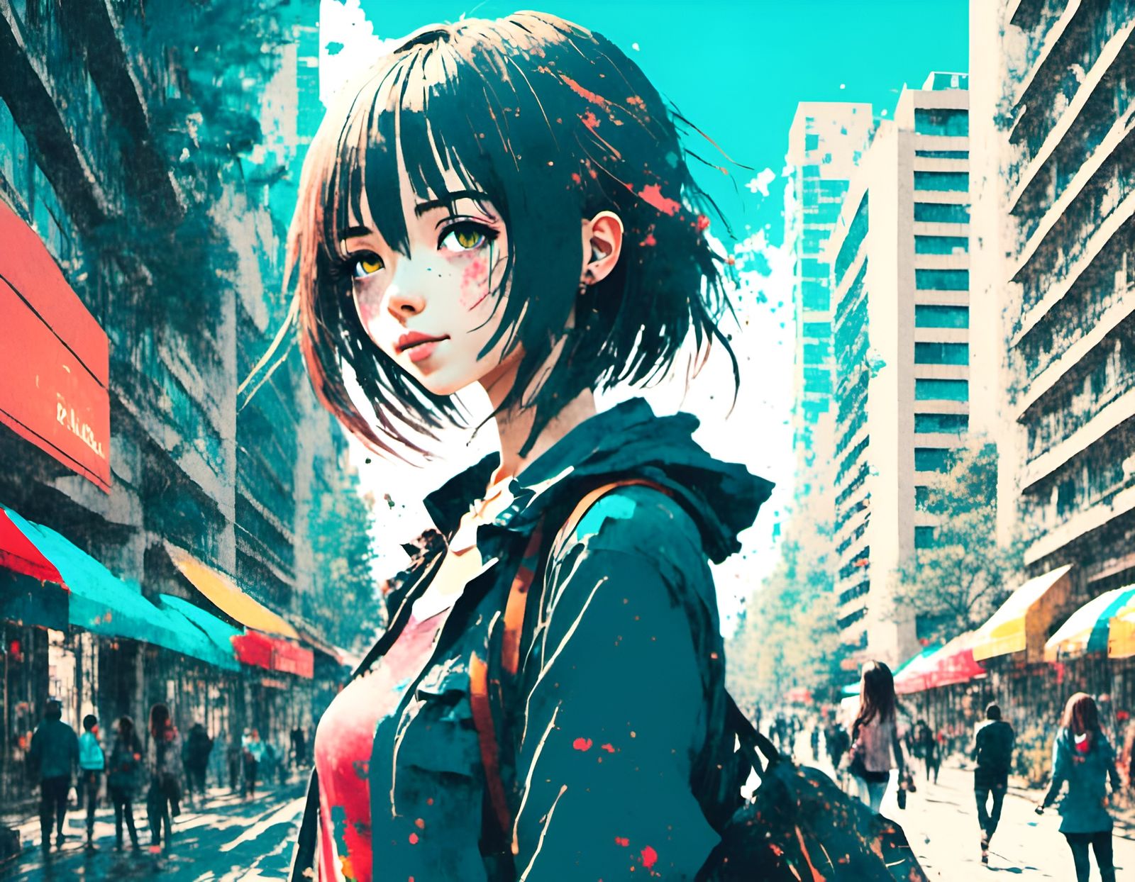 Anime Girl in Cityscape: 2D Style Illustration