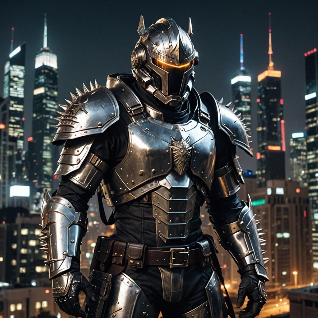 Armored Warrior in Cyberpunk Cityscape