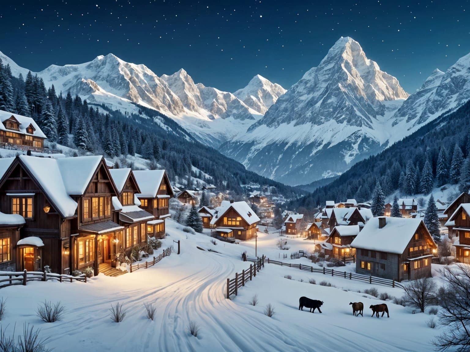 Snowy Swiss Village in Alps Valley Under Starry Night