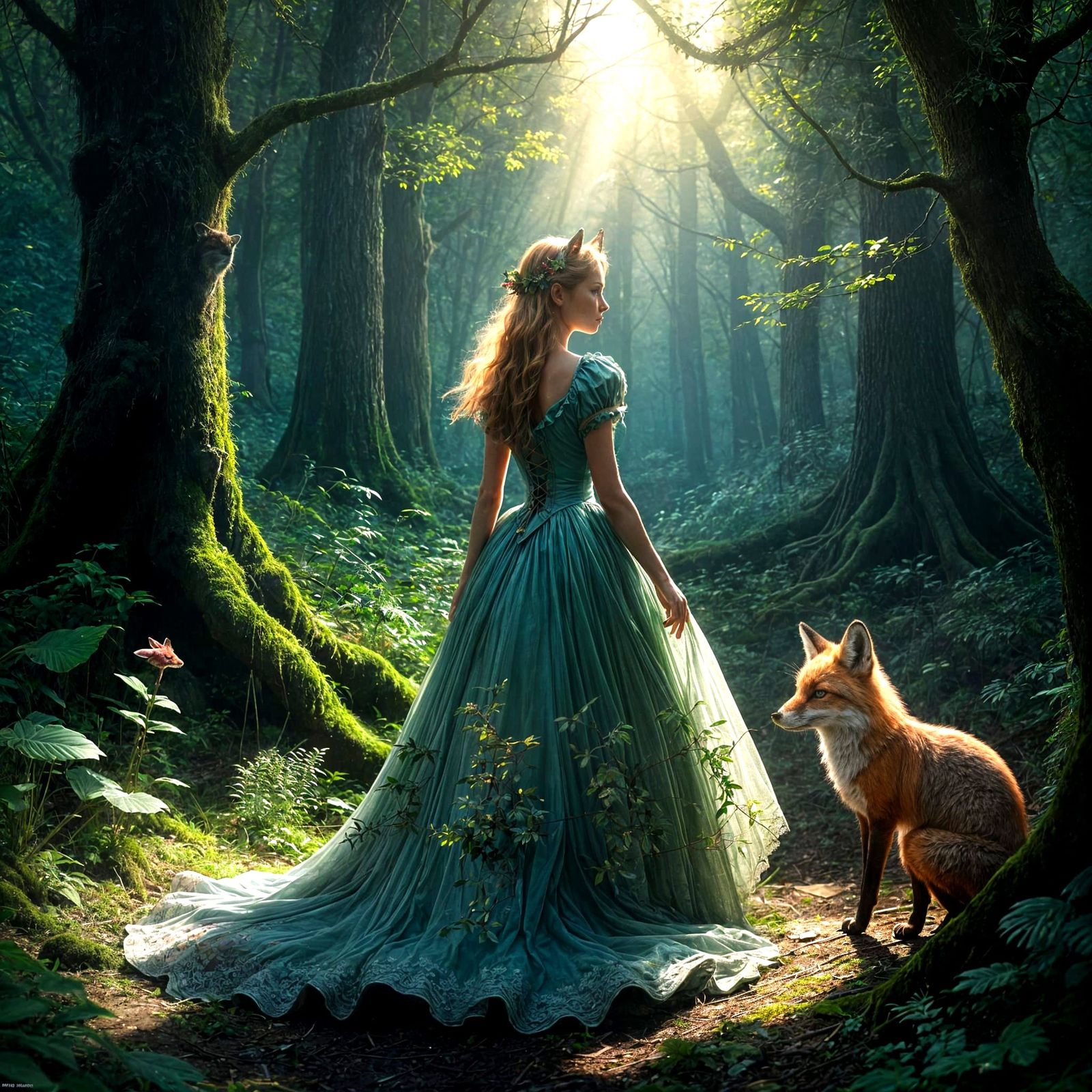 Hyper Realistic Fairie in Whimsical Forest with Fox Companio...