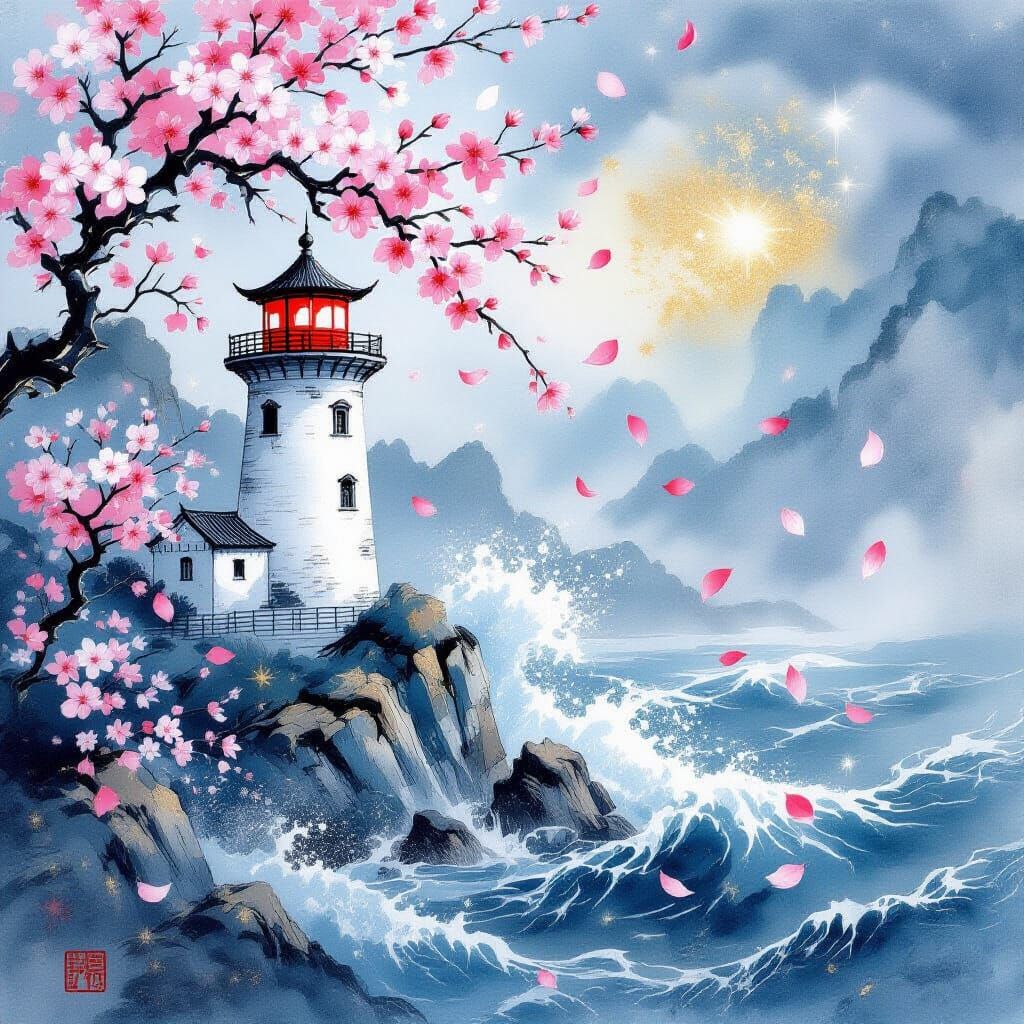 Chinese Painting of Lighthouse with Cherry Blossoms