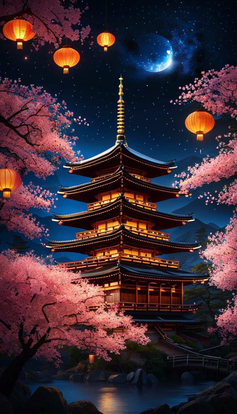 Pagoda's Celestial Symphony: Glowing Lanterns Dance under a Starry Sky