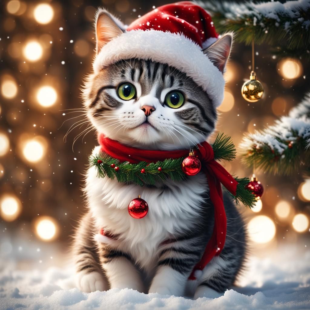 Cute Cat's Whimsical Christmas Holiday Scene