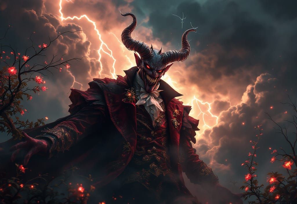 Whimsical Devil Laughing in Stormy Landscape