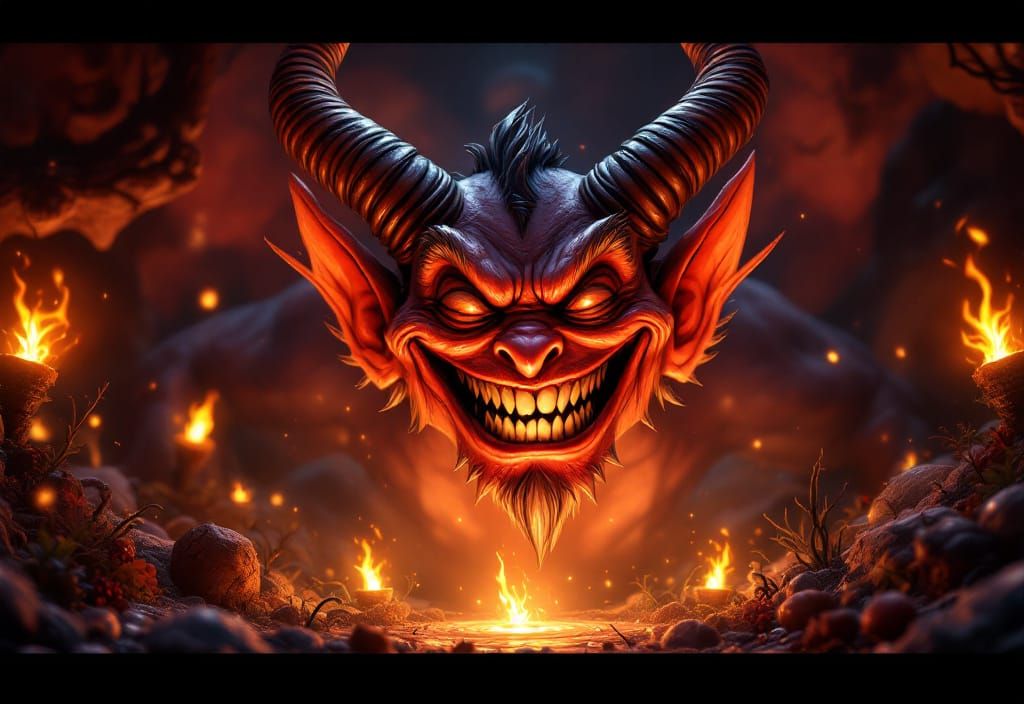 Laughing Devil in Dreamlike Landscape, Detailed 3D Render