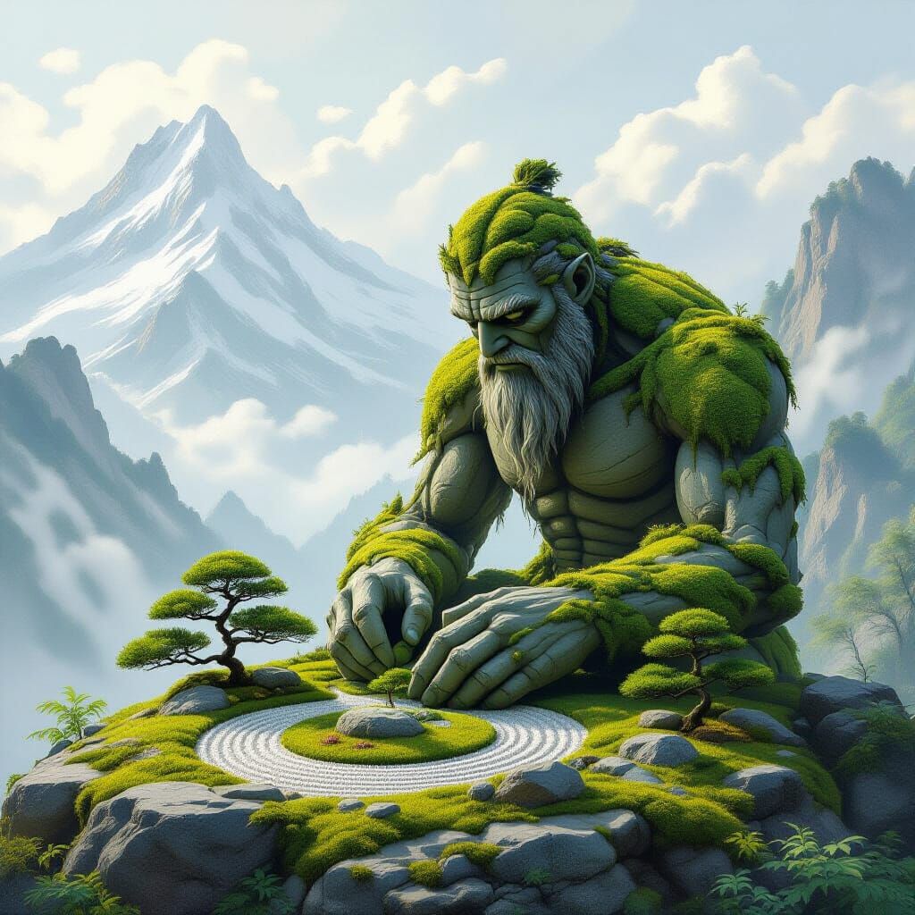 Moss Golem Tends Zen Garden on Mountaintop