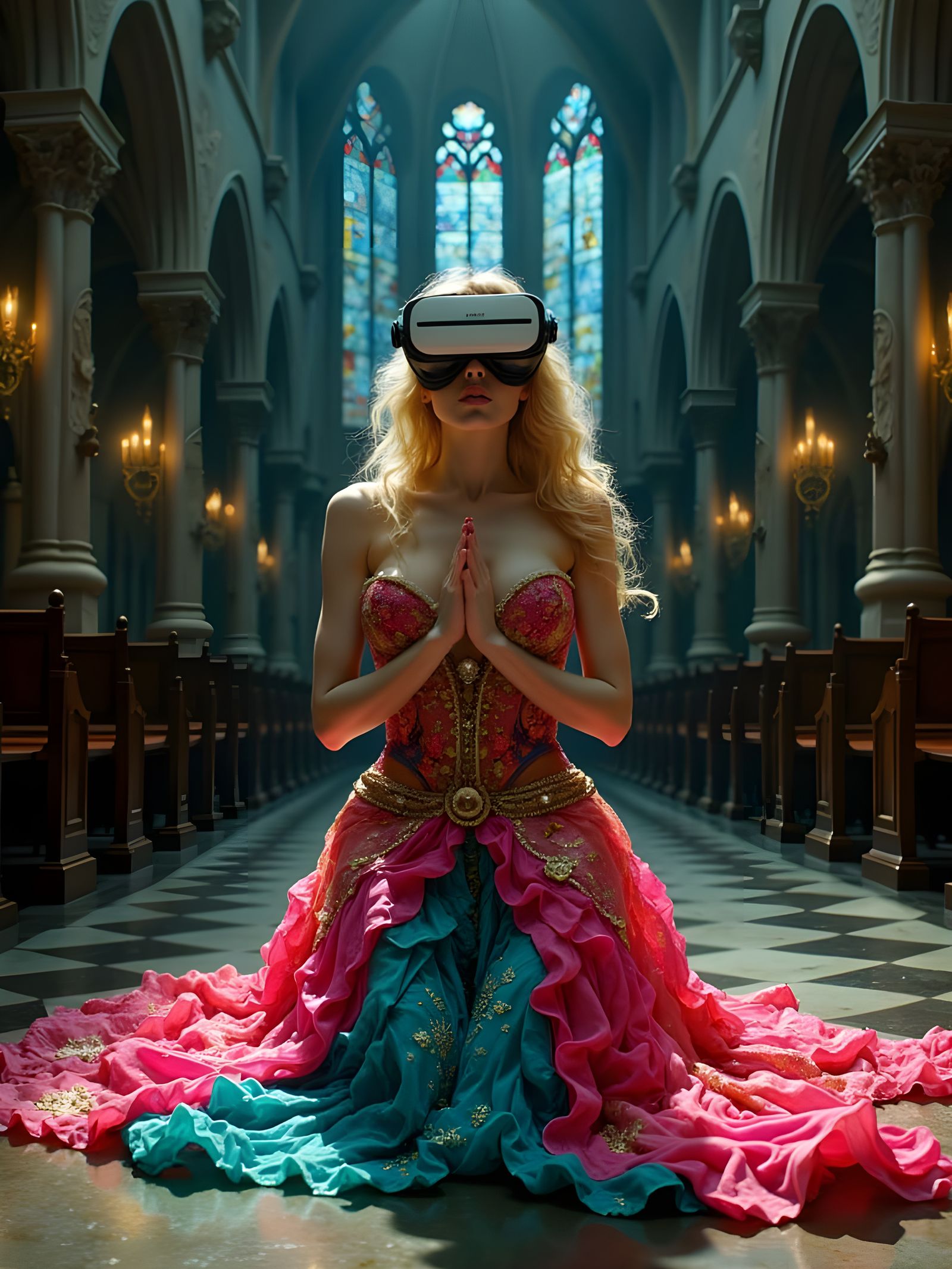 Rococo Woman Praying with VR Headset