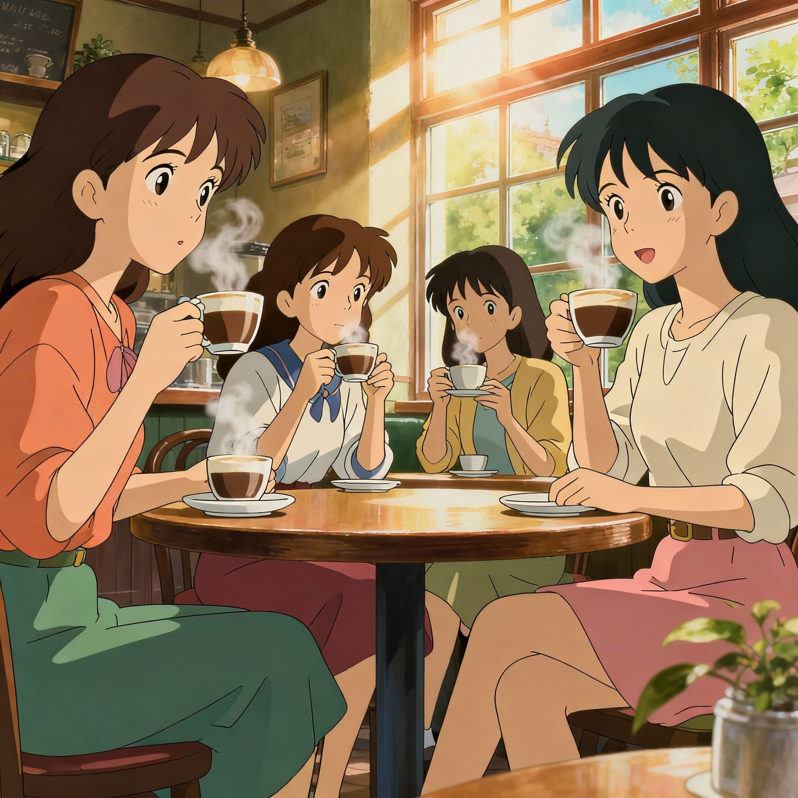 Anime Style Cafe Scene with Young Women