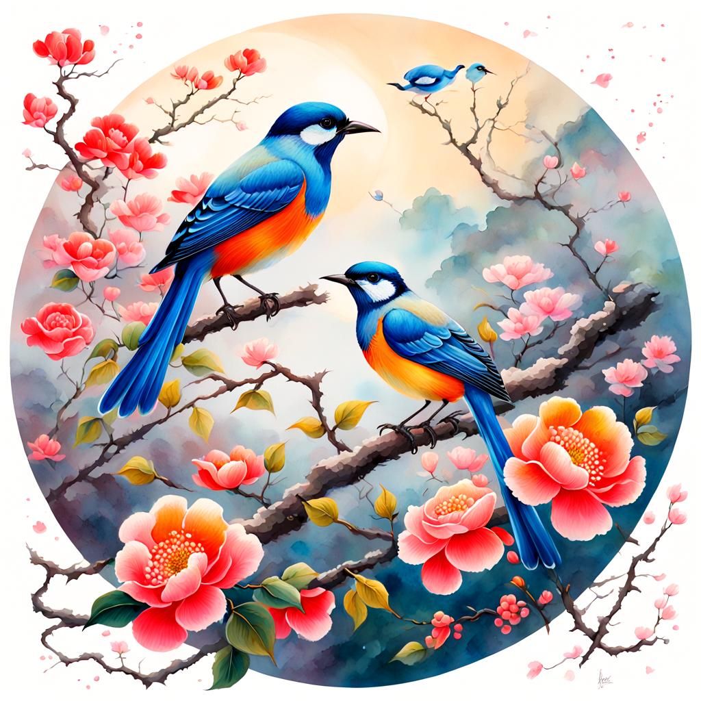 Vibrant Chinese Flower and Bird Painting in Ethereal Style