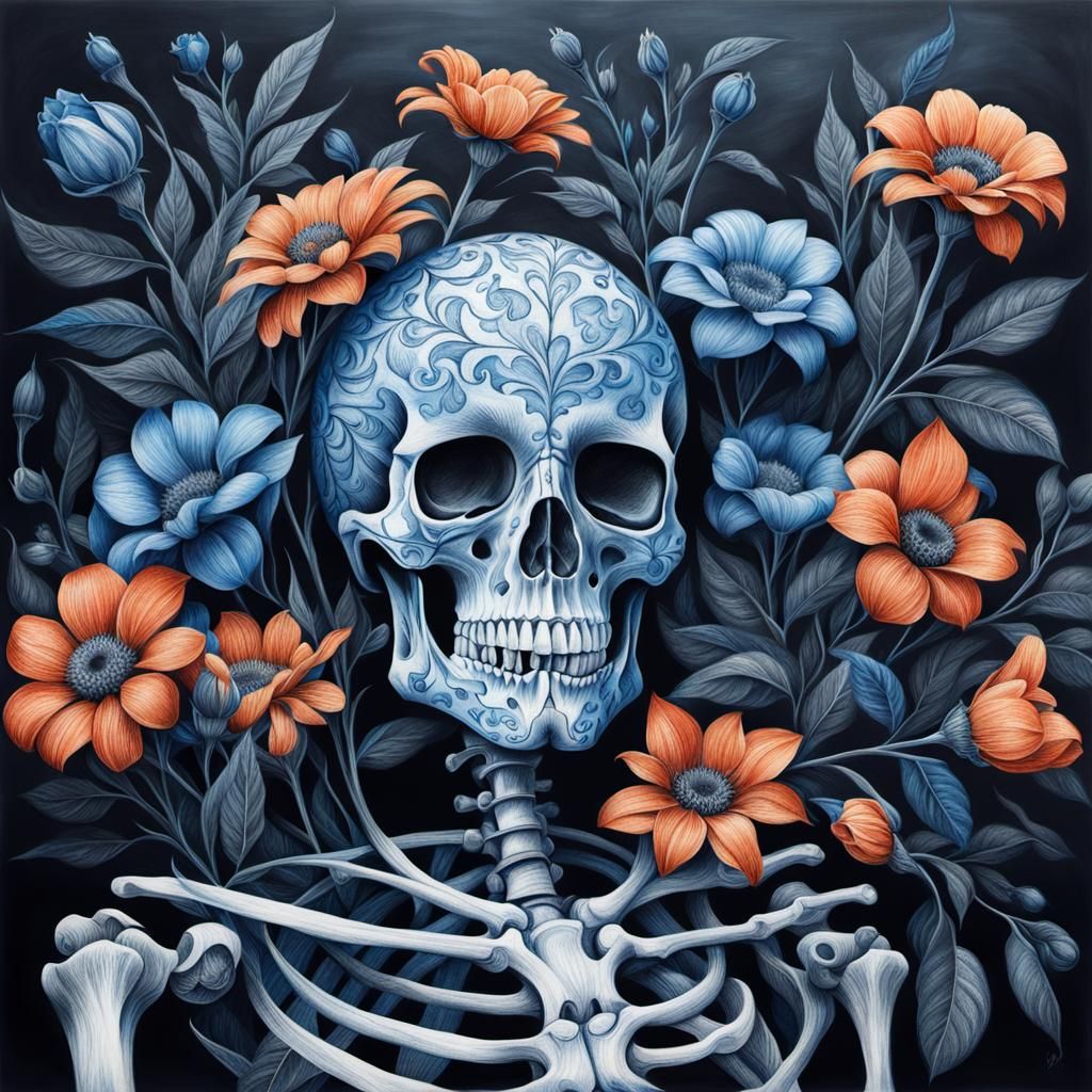 Blue Floral Skeleton: Detailed Charcoal Drawing