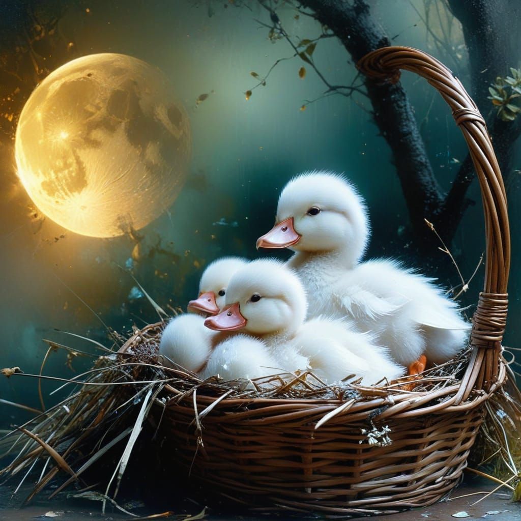 Serene Baby Ducks Under Crescent Moonlight