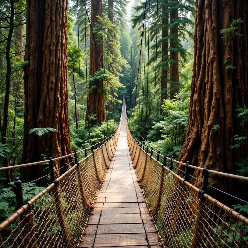 Suspension Bridge in Lush Redwood Forest Canopy