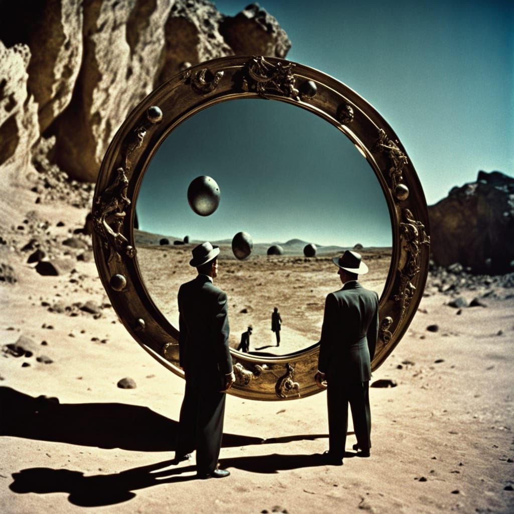 A conversation between Salvador Dalí and René Magritte in front of a mirror reflecting a fake future shaped by AI