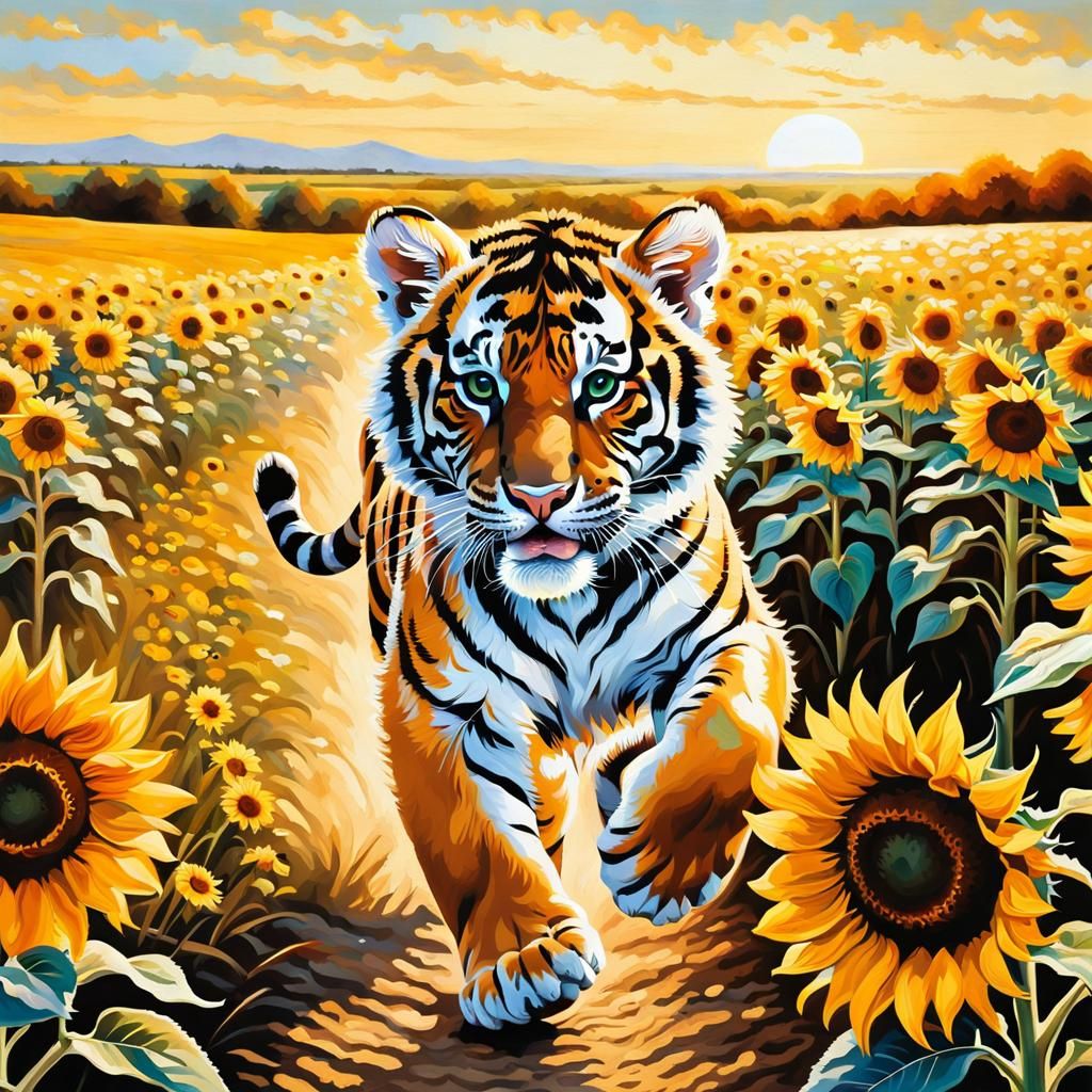Tiger running through a sunflower field