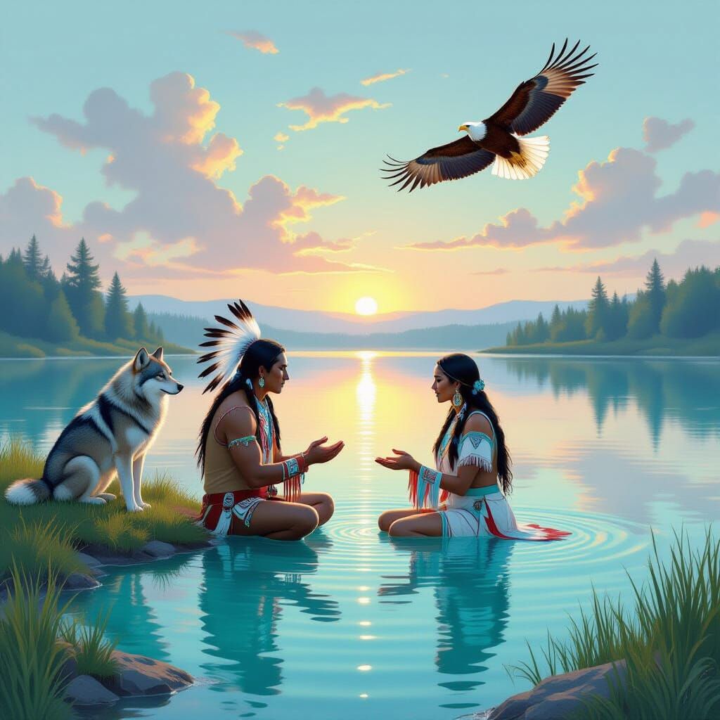 Native American Ritual Bathing Ceremony with Wolf and Eagle