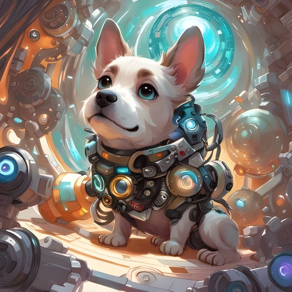 Adorable Cyborg Dog Time Traveler in Laboratory