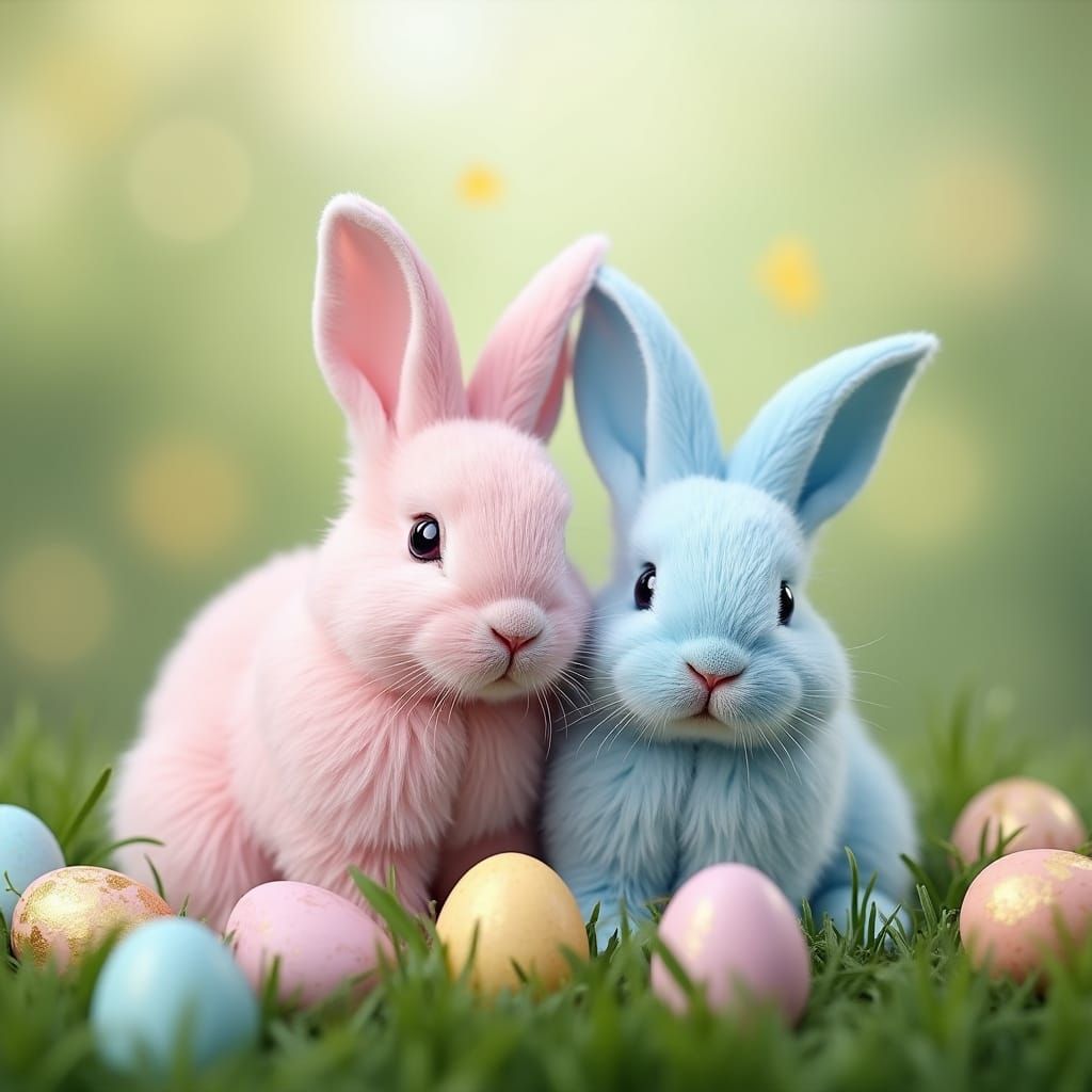 Fuzzy Lop Eared Easter Bunny with Bunnies and Eggs