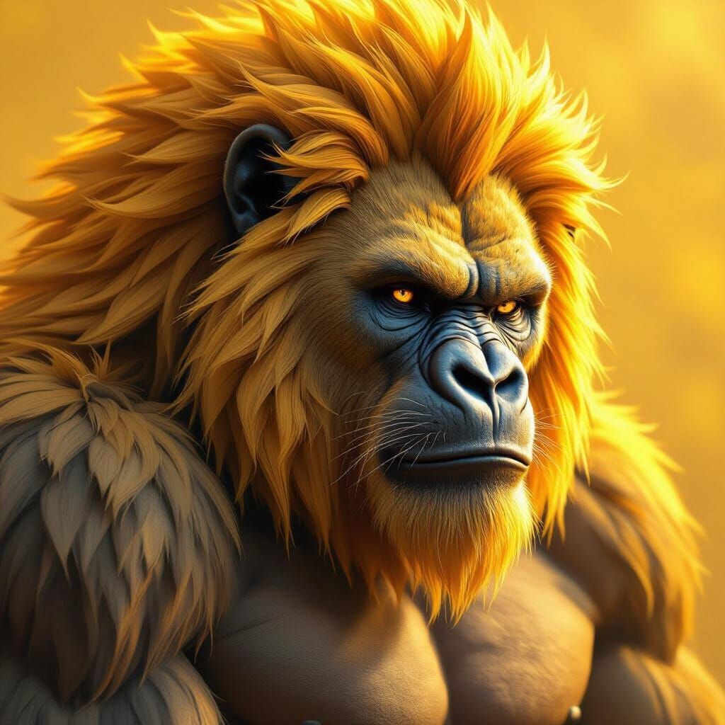 Hybrid Gorilla Lion Creature Portrait in Yellow