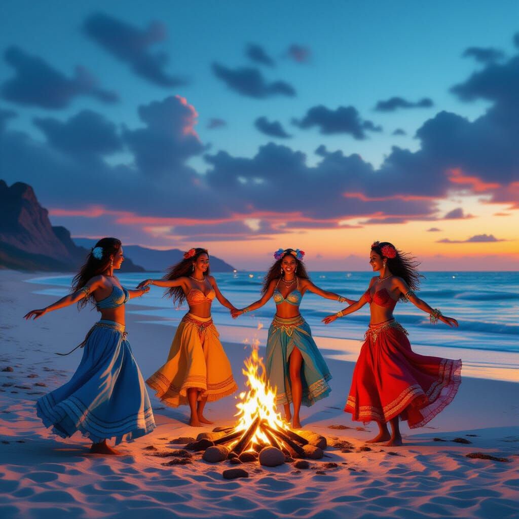 Turquoise Beach Dancers: Matte Painting Style