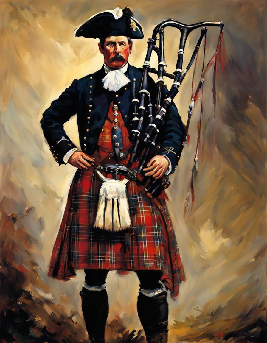 Majestic Scottish Piper in Tartan, à la John Singer Sargent