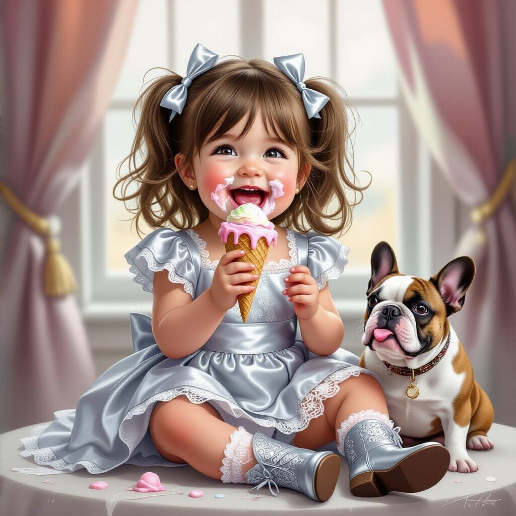 Toddler and French Bulldog Enjoying Ice Cream: Digital Art