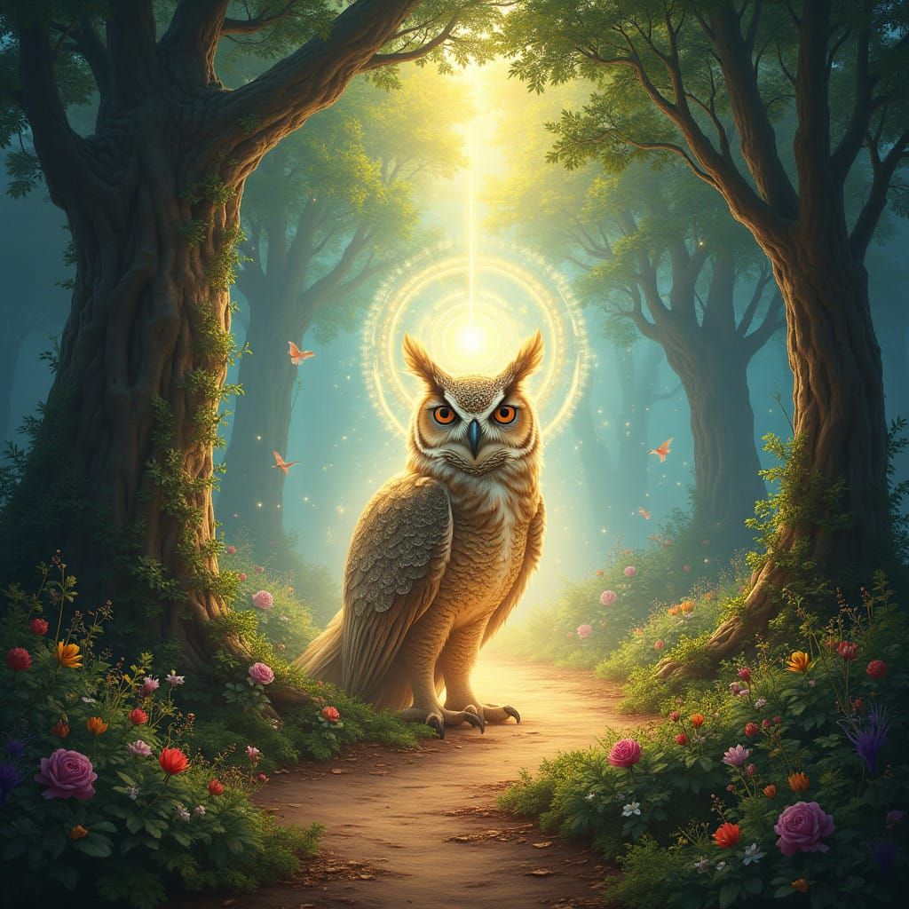 Wise Owl Forest Guardian Shines in Ethereal Glowing Light
